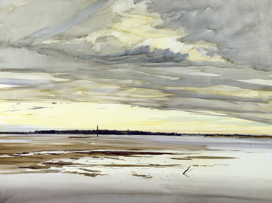 This luminous oil on board coastal scene titled 'Old Montrose Winter' (1984) by Scottish landscape painter James Morrison is part of a retrospective of the artist's work at the Fleming Collection in London. Image courtesy the Fleming Collection.